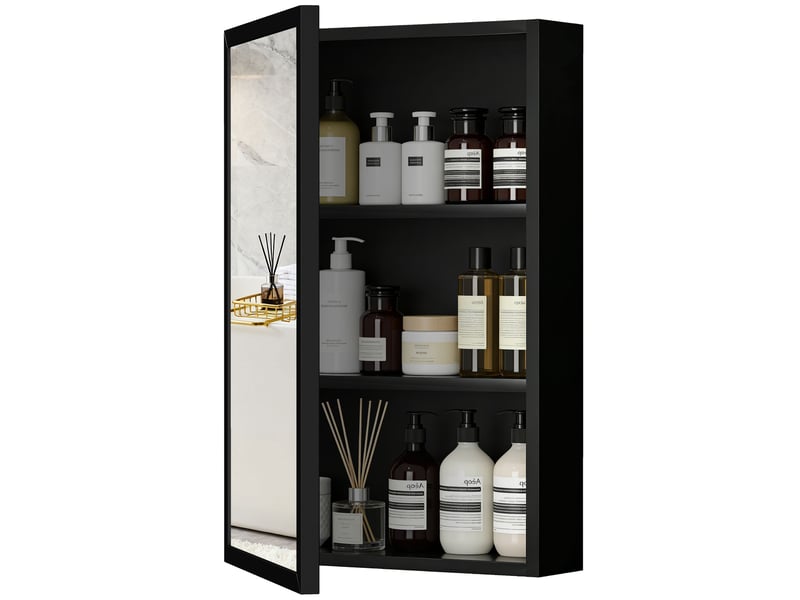  Armoire miroir de salle de bain armoire murale armoire à glace avec 1 porte et 2 étagères en acier noir 40 x 12 x 60 cm  - Conforama B