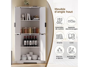 Meuble d’angle blanc 60 × 60 × 172 cm en mdf, 4 portes, étagères réglables, rangement cuisine et séjour