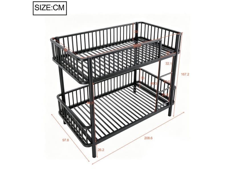  Lit superposé 90 x 200 cm gain de place, angles arrondis et barrières de sécurité, métal noir sans matelas  - Conforama D