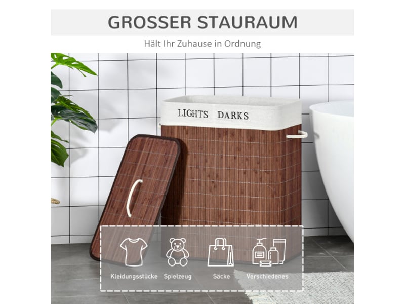  Panier à linge en bambou marron et blanc, 100 l, 52 x 32 x 63 cm, 3 poignées et sac en coton amovible lavable  - Conforama D