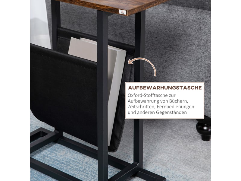  Table d’appoint compacte avec poche de rangement - lpospi - cadre acier, brun foncé et noir, 49 × 19 × 55 cm  - Conforama E