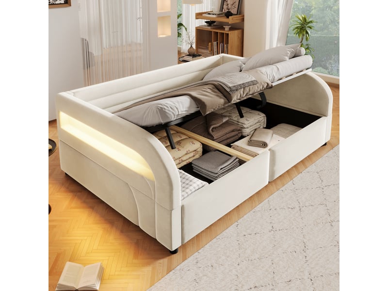  Lit rembourré 140x200 cm, coloris beige, rangement hydraulique et bandeau led intégré.  - Conforama D