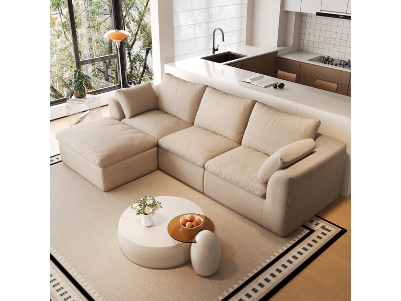  Canapé d’angle 4 places en tissu lin kaki, 245 cm, mousse compressée IKSETERA TRADING LTD - Conforama E