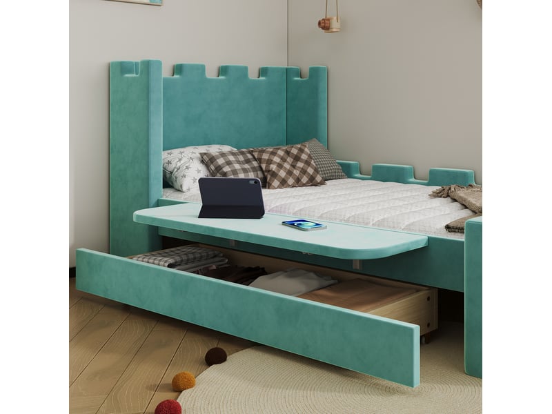  Lit enfant château 90x200 cm en velours bleu-vert avec tiroir et tablette pliante  - Conforama R