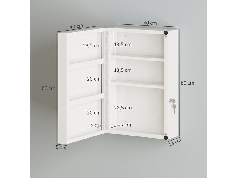  Armoire à pharmacie murale à 6 compartiments, serrure et 2 clés, pour salle de bain ou cuisine, 40 x 18 x 60 cm, blanche  - Conforama E