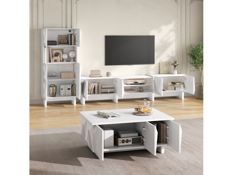  Ensemble salon 3 pièces, meuble tv 180 cm, vitrine 60,5 cm, table basse 95 cm, façades 3d, panneaux de particules blanc  - Conforama D