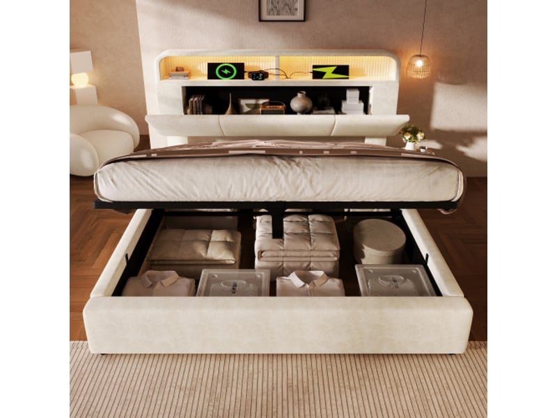  Lit double 180x200 cm - tête de lit avec rangement réglable, hydraulique, led usb-c, lattes incluses - sans matelas  - Conforama E