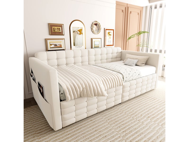  Lit banquette 90 × 190 cm, velours capitonné, 2 tiroirs, poches latérales, sommier à lattes, beige, avec rangements  - Conforama D