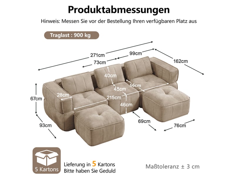 Canapé modulable en u modenvie 3 places avec 2 poufs, mousse haute densité 32d, assise profonde, tissu polyester sable, sans montage, 271 x 162 x 67 cm - Conforama C