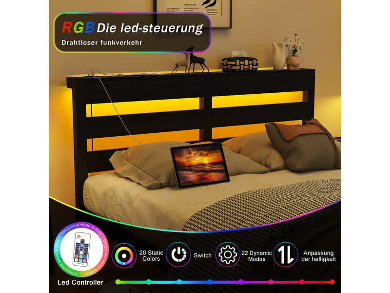 Cadre de lit, lit double 120x200 cm, rangement intégré, led, usb, métal et bois noir, sans matelas - Conforama R