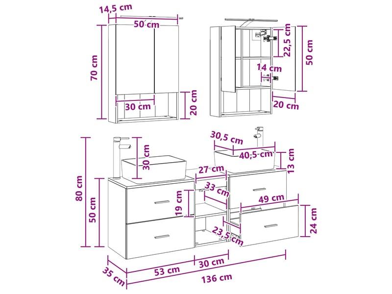  Vidaxl ensemble de mobilier de salle de bain 5 pcs chêne fumé  - Conforama C