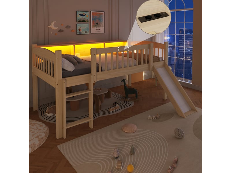 Lit mezzanine enfant 90x200 cm en bois avec toboggan, espaces de rangement intégrés, éclairage led et port usb, chambre enfant - naturel - Conforama B