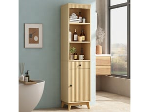 Meuble de salle de bain- 40x36x172cm - meuble haut cannelé avec porte réversible, tiroir & 3 niches - bois naturel