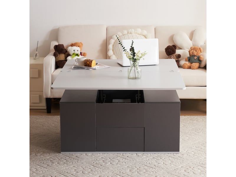 Table basse relevable avec 2 plateaux, 2 tiroirs et niches ouvertes, pour salon, en panneaux de particules, gris - uvrion - Conforama C