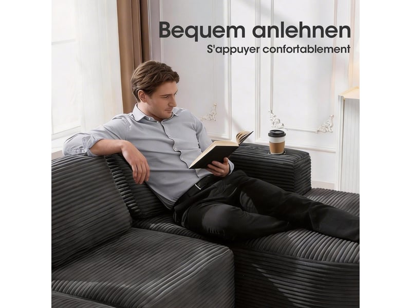  Canapé double 2 places 265 cm avec coussins et porte-gobelets, tissu velours côtelé gris foncé BES-SD-B063DG - Conforama E