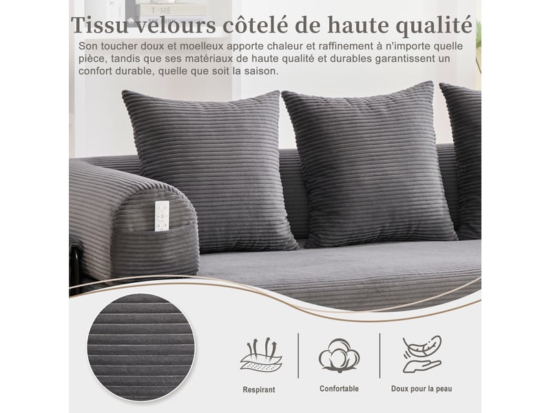  Canapé convertible 200x94x67 cm avec accoudoirs et poches, 3 coussins, structure en métal, velours côtelé, gris foncé  - Conforama E