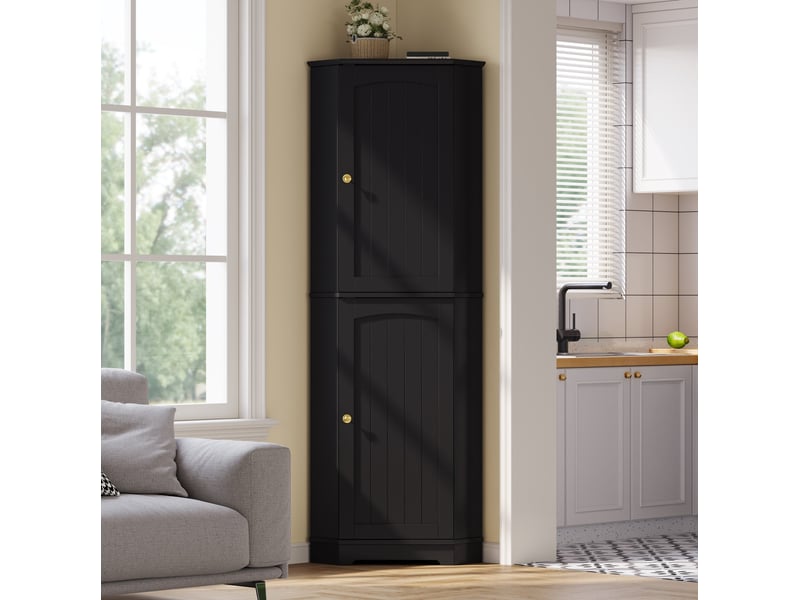 Meuble d'angle de rangement avec 2 portes et étagères réglables pour cuisine en mdf noir 42 × 42 × 166 cm - Conforama D