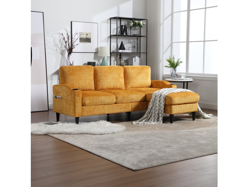  Canapé 4 places jaune en chenille avec pouf de rangement, porte-gobelets et poches latérales  - Conforama D