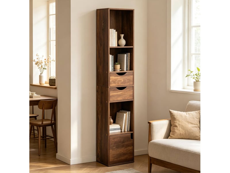 Bibliothèque étroite 30 cm avec 3 niches, 2 tiroirs et 1 porte, marron - Conforama C
