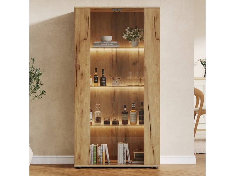  Vitrine naturel, verre, 80 × 36 × 150 cm, 2 portes vitrées, 4 étagères et éclairage led pour salon et séjour moderne  - Conforama D