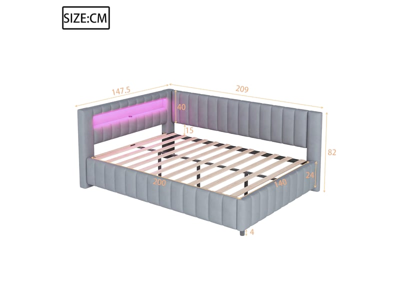  Lit canapé rembourré en velours gris 140x200 cm  - Conforama C