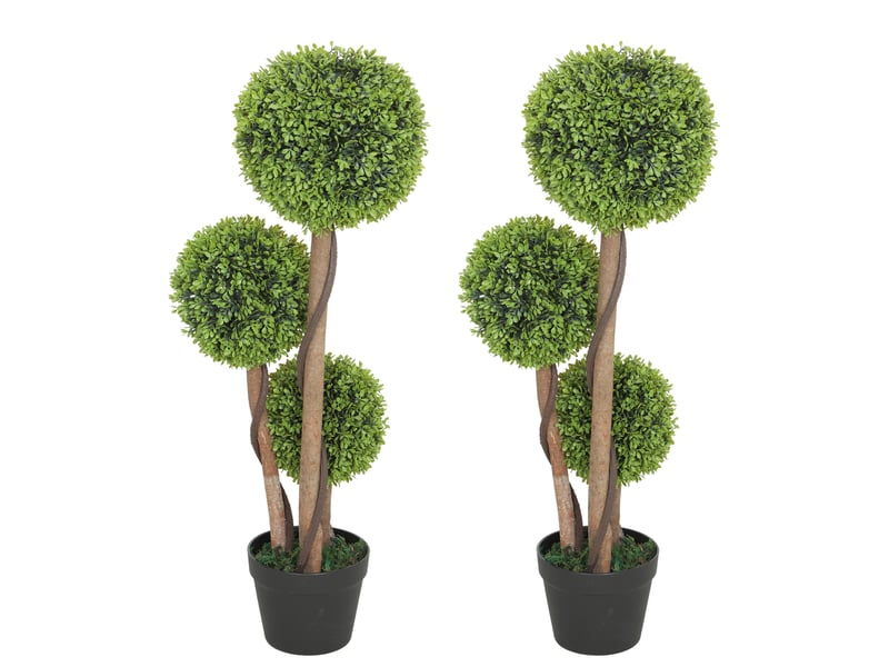  Lot de 2 plantes de buis artificielles avec 3 boules, pot et fond renforcé, hauteur 90 cm, pour une utilisation intérieure et extérieure  - Conforama A