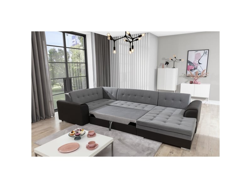 Canapé panoramique convertible caldero 5 places bleu marine et gris – angle droit - Conforama B