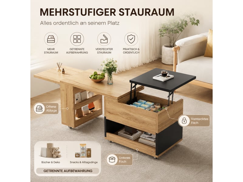  Table basse modulaire extensible avec élément pivotant à 360°, plateau relevable, rangement et roulettes pour salon  - Conforama E