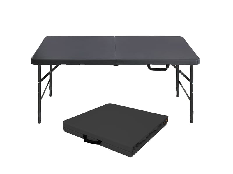 Table pliante portable 125 x 61 cm – noire – hauteur réglable 58-74 cm, poignée et charge 135 kg - Conforama A