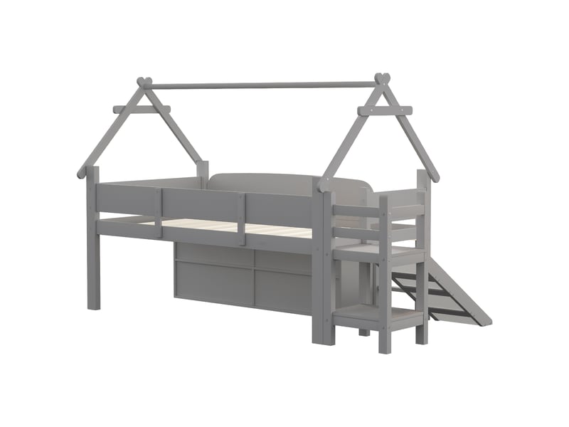  Lit cabane enfant 90x200 avec toboggan et rangement - lit mezzanine bois massif avec tiroirs, espace jeu, gris  - Conforama R