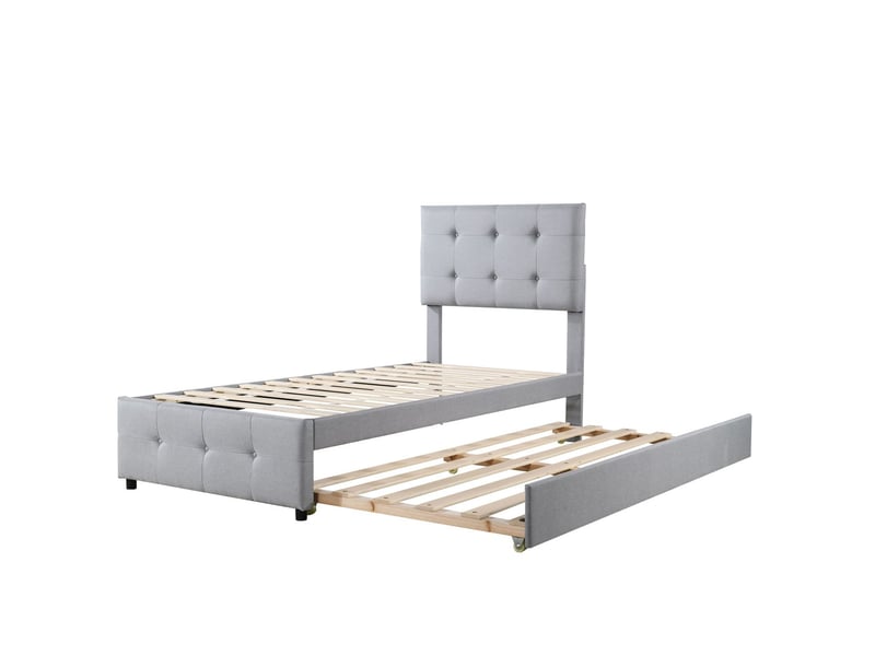  Lit gigogne 90x200 cm en lin gris doux respirant et capitonné - lit double - tête de lit réglable, lit enfant et invité, gain place  - Conforama A