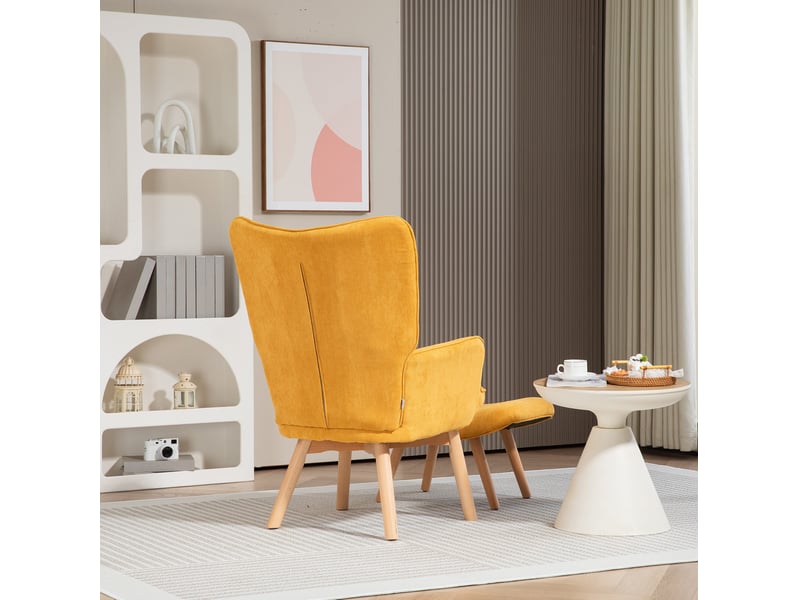  Fauteuil avec pouf à dossier haut et accoudoirs, assise rembourrée et patins réglables en polyester orange  - Conforama D