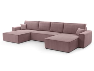 Canapé d'angle panoramique convertible <strong>AX LIVING </strong> <strong>Cedria U</strong> 5 places Velours côtelé rose avec coffre de rangement