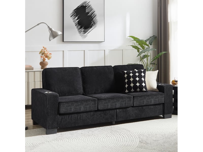 Canapé droit 3 places avec porte-gobelets et assise ergonomique, en velours côtelé noir, 206 × 72 × 86 cm - Conforama B