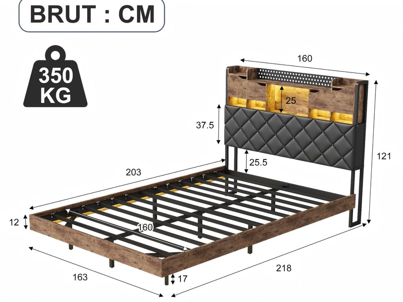  Lit 160x200 cm - led intégrée et rangement - tête de lit avec étagères - style industriel bois et métal - sommier inclus  - Conforama C