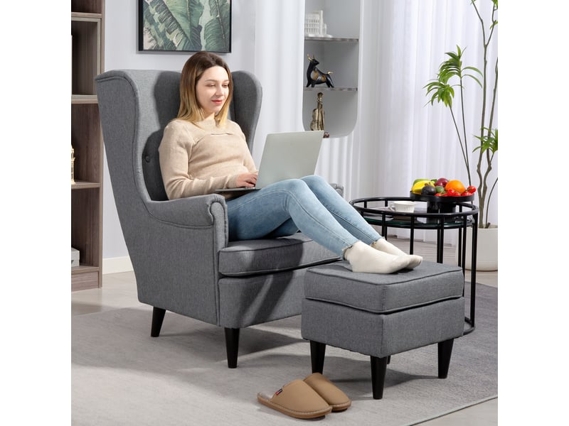 Fauteuil à oreilles avec repose-pieds, fauteuil rembourré avec pieds en bois d'hévéa, revêtement en tissu, gris - Conforama C
