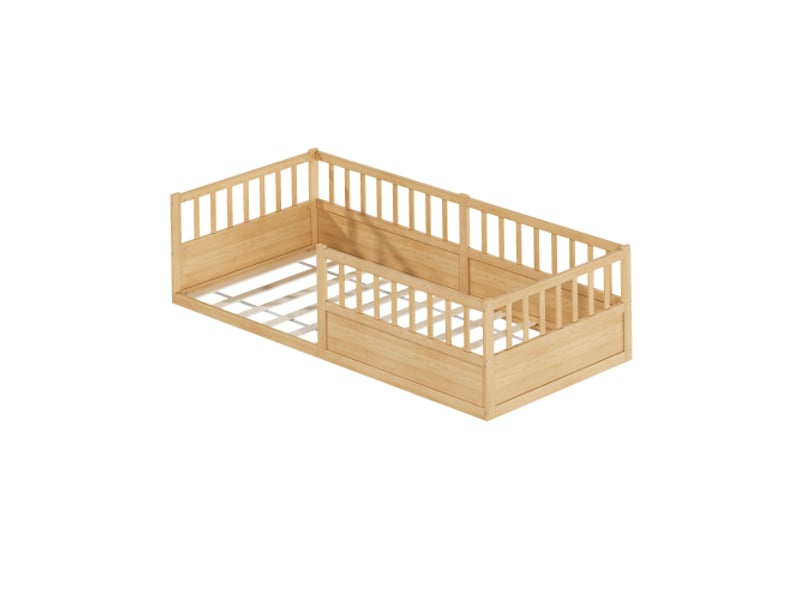 Lit enfant 90x200 cm en pin massif naturel avec barrière de sécurité et sommier style montessori - Conforama A
