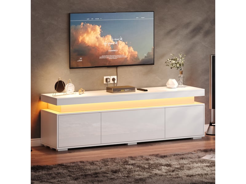  Meuble tv 150 cm blanc avec led - 3 portes finition brillante - rangement salon  - Conforama B