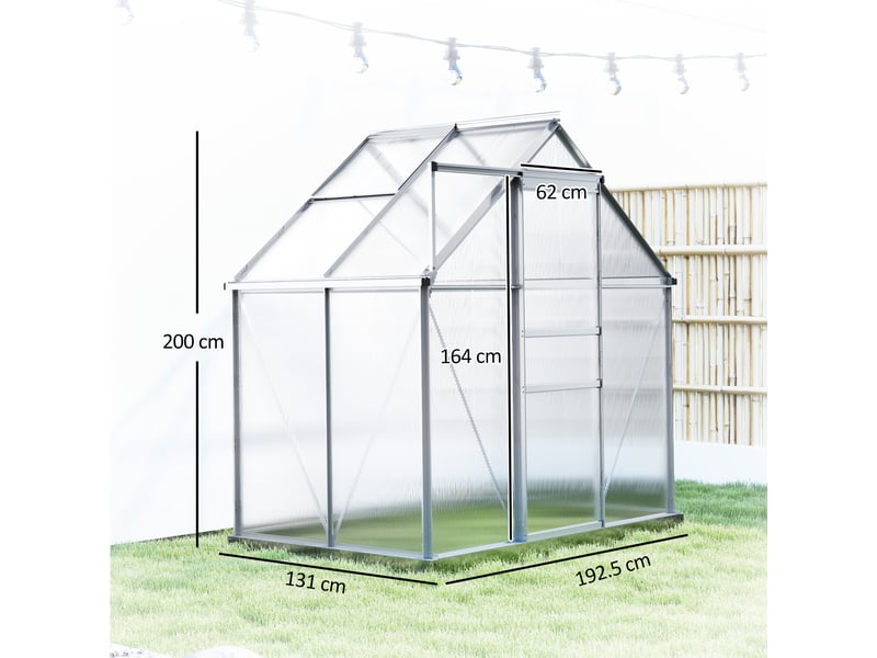  Serre en polycarbonate et aluminium avec porte à charnières et fenêtre de toit, 192,5 x 131 x 200 cm, argent  - Conforama E