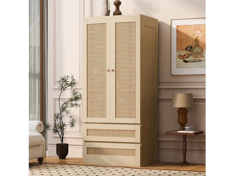 Armoire à 2 portes avec 2 tiroirs et penderie, finition vernie effet rotin, pour chambre, bois clair 70 × 55 × 170 cm  - Conforama B