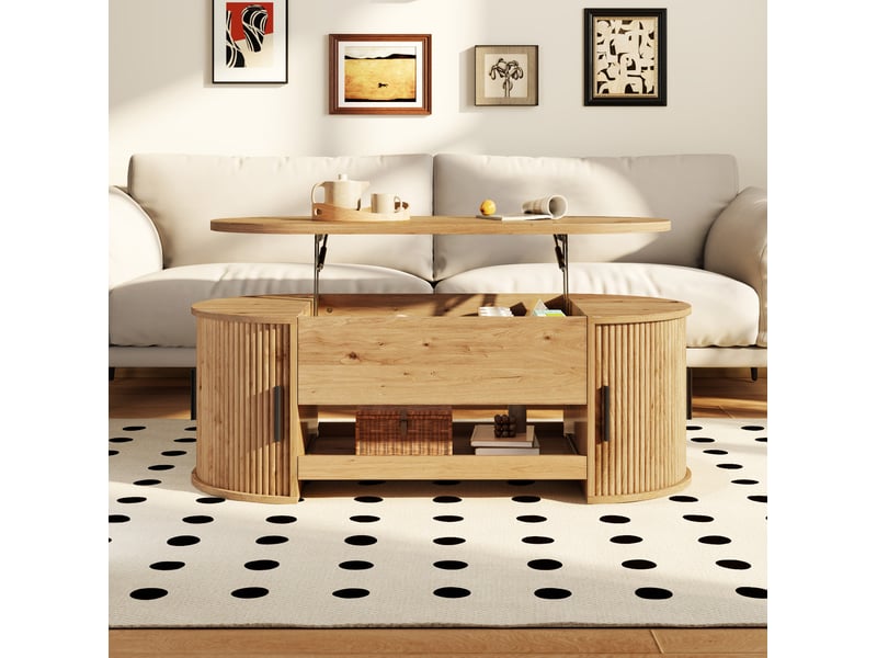  Table basse 110 x 55 cm naturelle en mdf, rangements latéraux avec portes coulissantes  - Conforama B