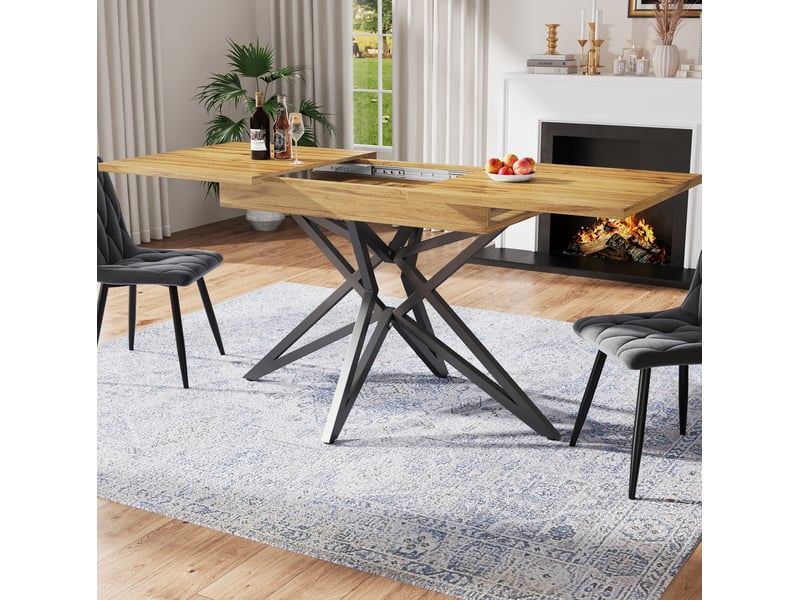  Ensemble table et chaises avec table extensible et 4 chaises, plateau bois foncé, tissu gris foncé, en mdf et métal  - Conforama B