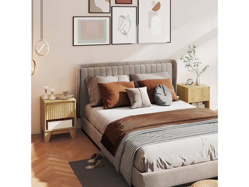 Lot de 2 tables de chevet étroite, table d'appoint compartiment ouvert 1 tiroir, panneaux cannelés 43x40x55cm naturel  - Conforama C