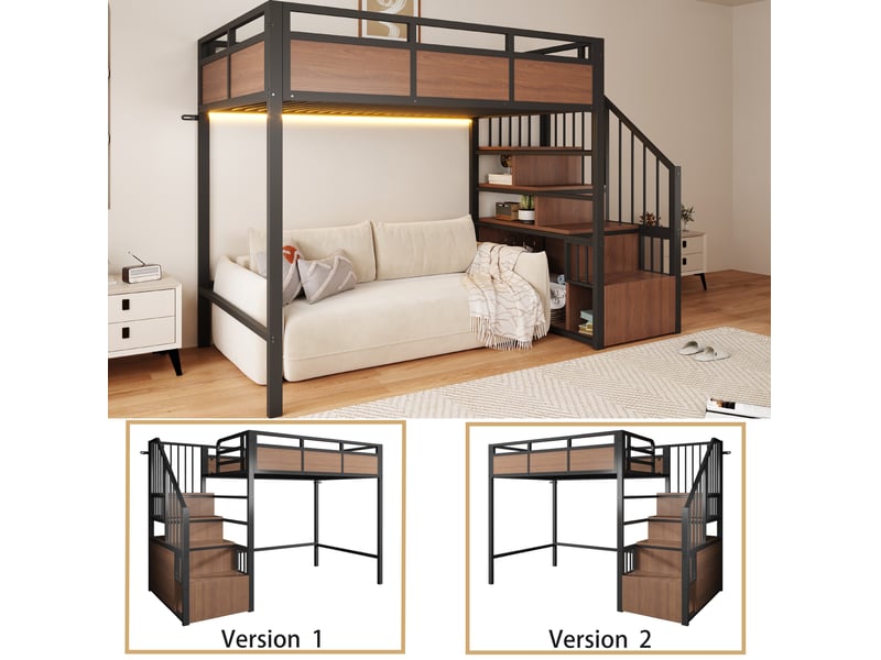  Lit mezzanine 90x200 cm avec échelle de rangement réversible et led, métal, mdf, structure en bois, noir, sans matelas  - Conforama D