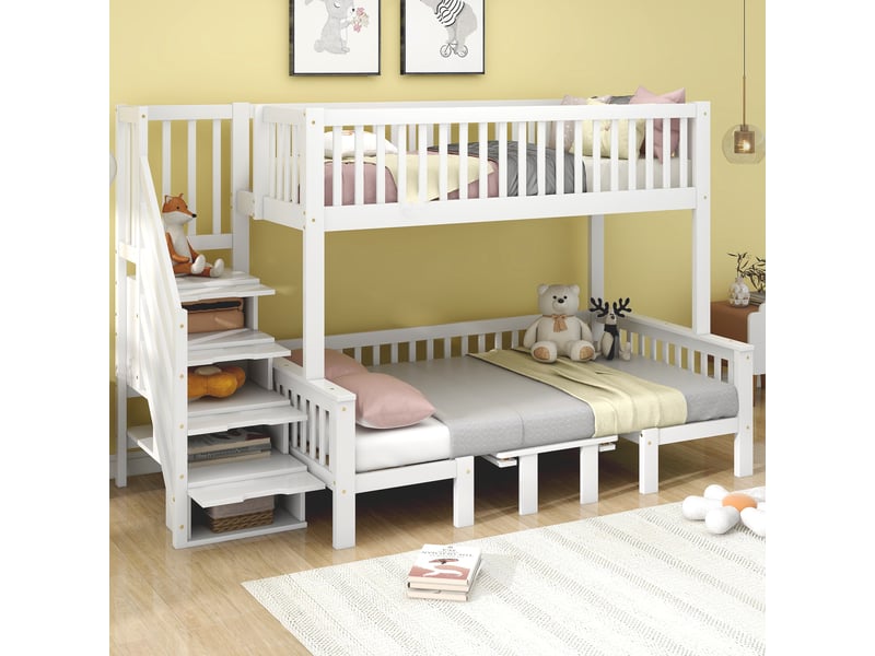  Lit superposé enfant 90x200 cm &amp; 120x200 cm blanc, table réglable, escalier rangement et barrières  - Conforama E