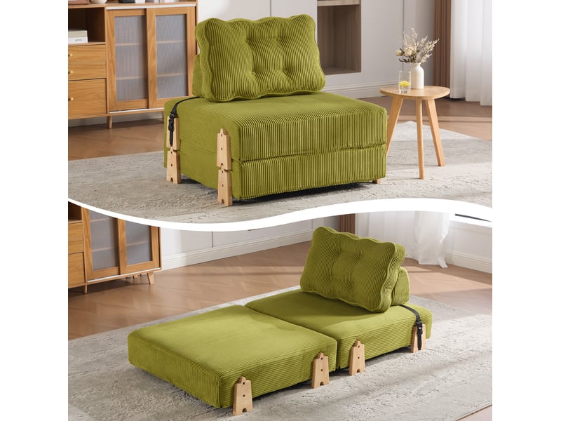 Fauteuil convertible 1 place avec dossier rembourré ergonomique et pieds en bois, en velours côtelé olive - Conforama E