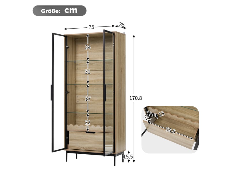  Vitrine en verre noir 4 niveaux avec éclairage led avec contrôle par application, 40x29x170 cm  - Conforama C