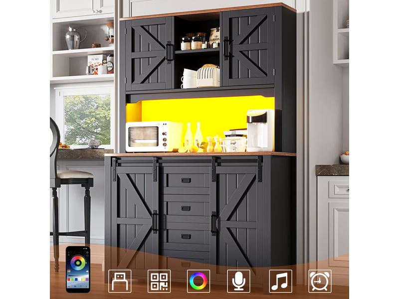  Buffet cuisine 120x40x180, rangement généreux buffet, portes coulissantes, éclairage led  - Conforama E
