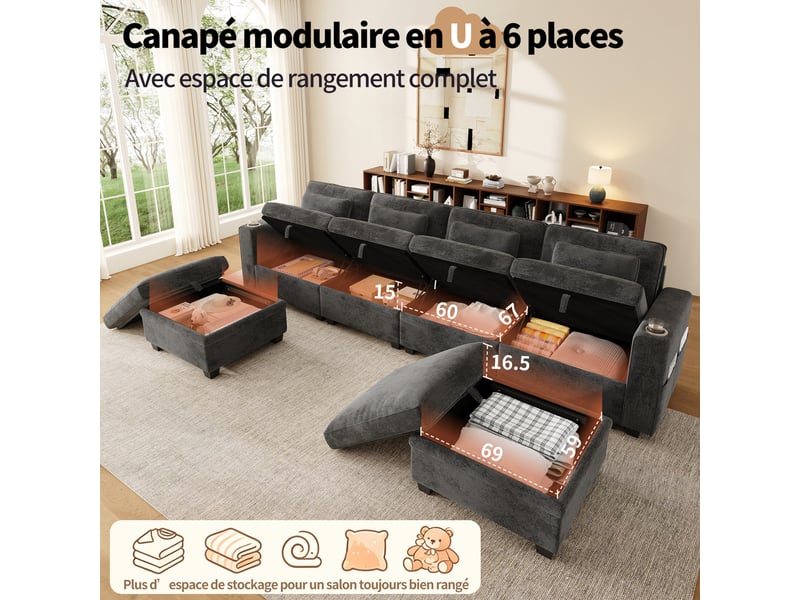  Canapé d’angle modulable convertible 6 places en chenille grise, coffres, 2 poufs, usb-c et dossier réglable  - Conforama D