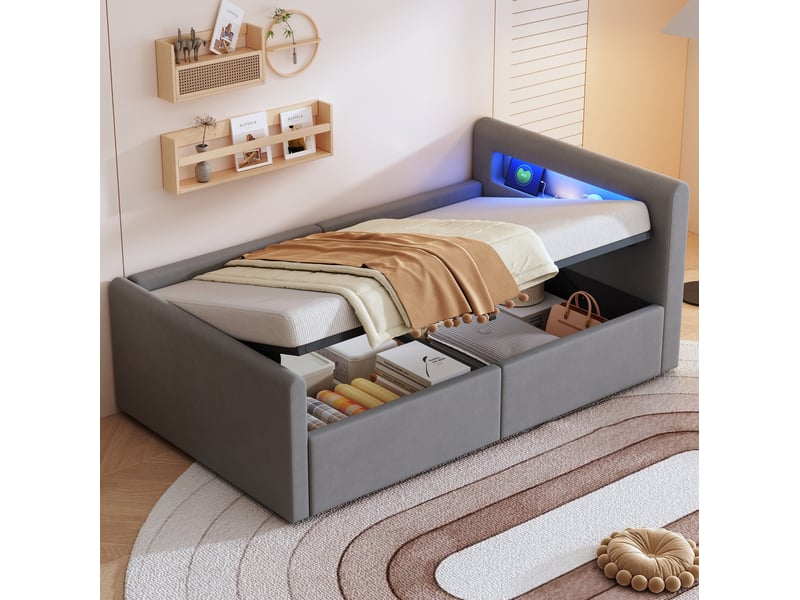  Lit enfant 90x200 cm avec éclairage led et rangement hydraulique en velours gris  - Conforama B